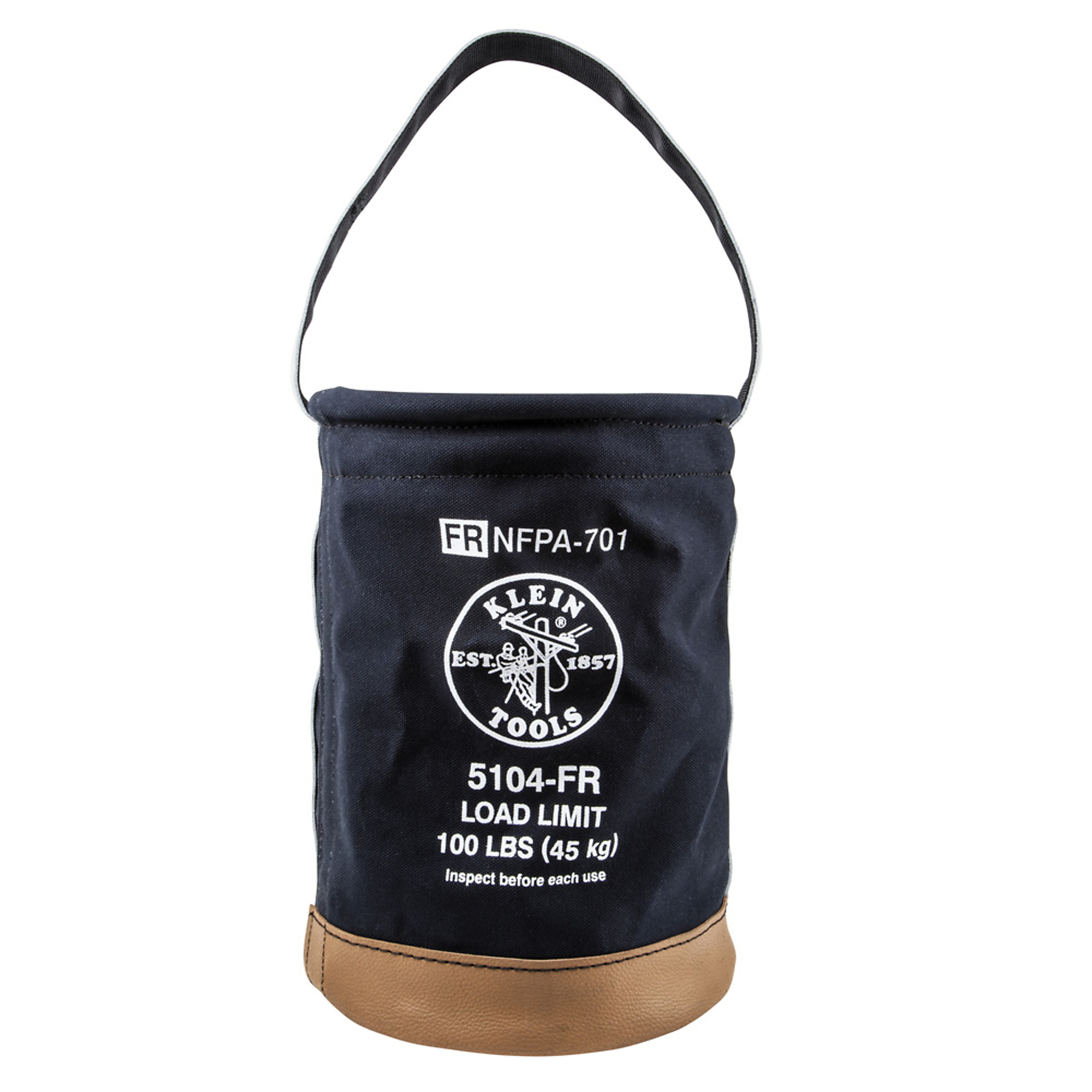 Klein Tools, Canvas Bucket, Flame-Resistant, 12in., Color Black, Pockets (qty.) 1 Material Canvas, Model# 5104FR